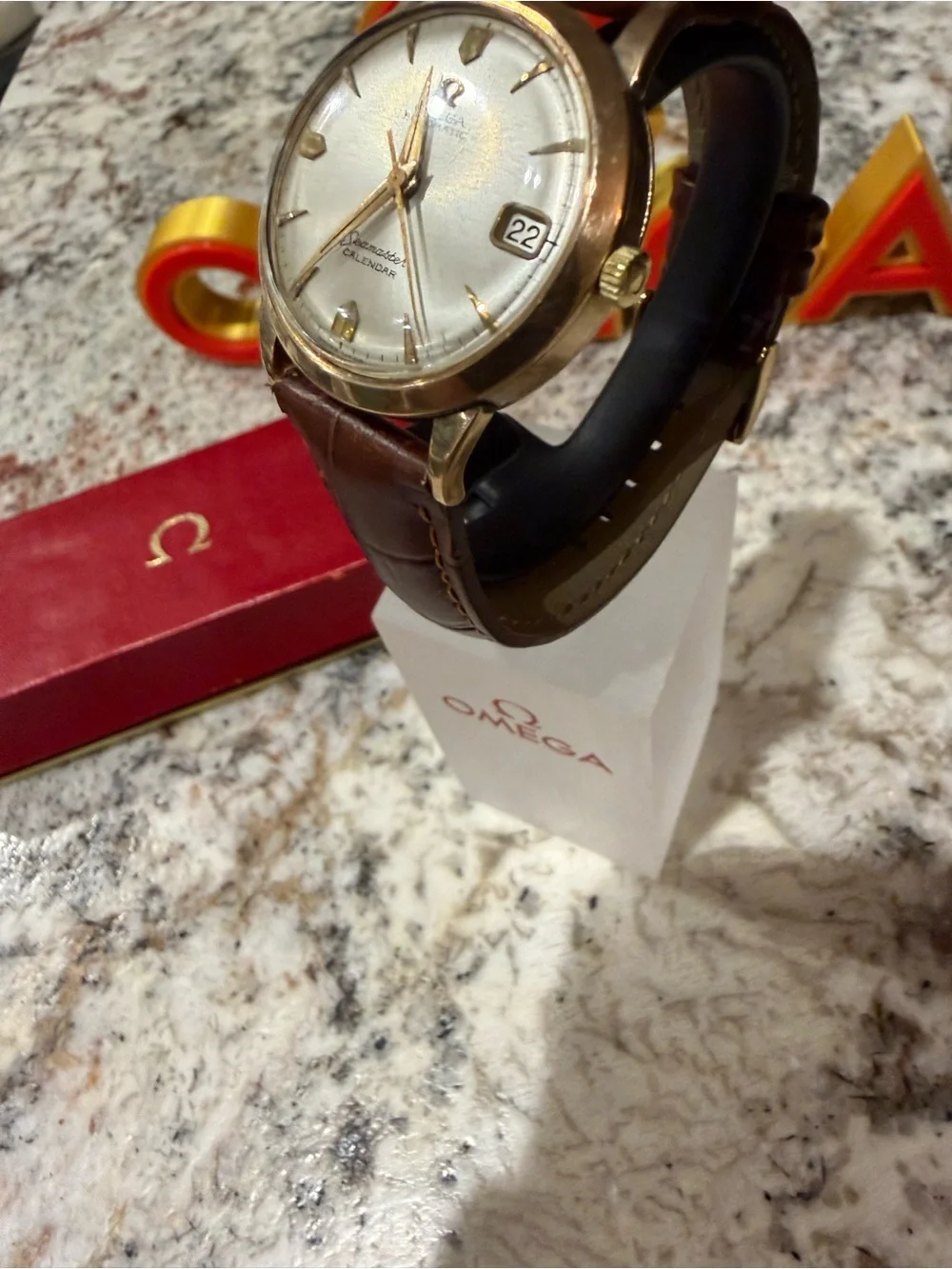 Omega Men's Classic Brown Leather Wristwatch - Gold Case